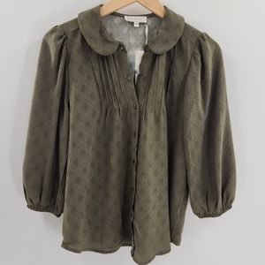 Blousology 3/4 Sleeve Olive Green w/ Peter Pan Collar Womens Size Small